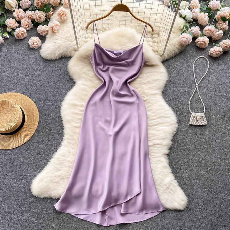 Purple satin fashion dressFabric: satinColor: purpleSize(cm): S, M, L (1inch=2.54cm)S length 102cm bust 80cm waist 66cmM length 103cm bust 84cm waist 70cmL length 104cm bust 88cm waist 74cm&ltp&gtPlease check the size carefully when you choose items,thank you.&lt/p&gt&ltbr/&gt Solid Satin Summer Dress, Purple Satin Dress With Spaghetti Straps, Fitted Purple Satin Dress For Summer, Solid Color Satin Midi Dress With Spaghetti Straps, Purple Satin Dress For Formal Occasions, Purple Fitted Satin Dress For Summer, Elegant Purple Slip Dress For Summer, Purple Satin Slip Dress For Spring, Elegant Purple Satin Dress