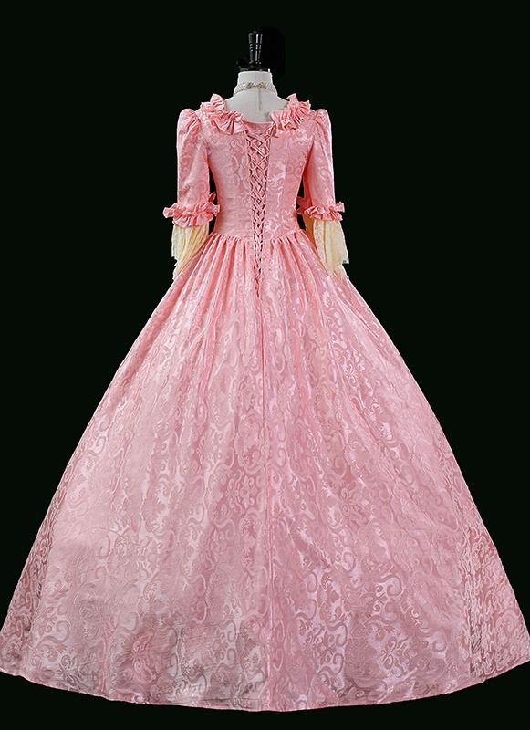 Vintage Pink Jacquard Renaissance Fair Colonial Lady Princess Tea Party Garden Floral Marie Antoinette Gown Dress Theater Costume Pink Lace Fitted Ball Gown, Elegant Pink Lace Ball Gown, Pink Elegant Ball Gown For Fancy Dress, Elegant Pink Ball Gown For Fancy Dress, Pink Elegant Ball Gown For Formal Event, Pink Fitted Gown For Costume Party, Fitted Pink Gown For Costume Party, Pink Fitted Victorian Dress For Costume Party, Pink Ball Gown For Fancy Dress