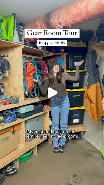 a woman standing in front of a closet full of clothes and other items with the words gear room tour