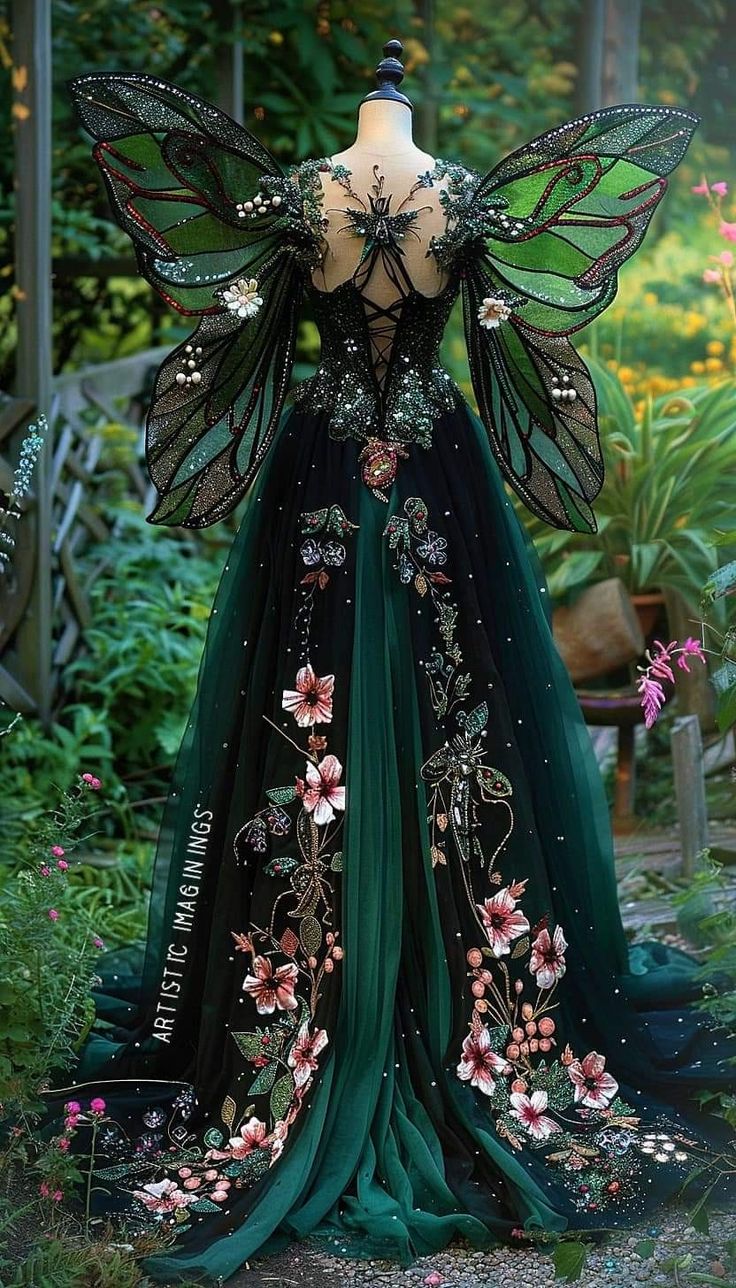 Fairytale Prom Dress Aesthetic, Forest Green Fairy Dress, Emerald Green Fairy Dress, Fairy Masquerade Dress, Nature Ball Gown, Butterfly Queen Costume, Enchanted Forest Theme Party Outfit, Fae Ball Aesthetic, Fairy Gown Goddesses