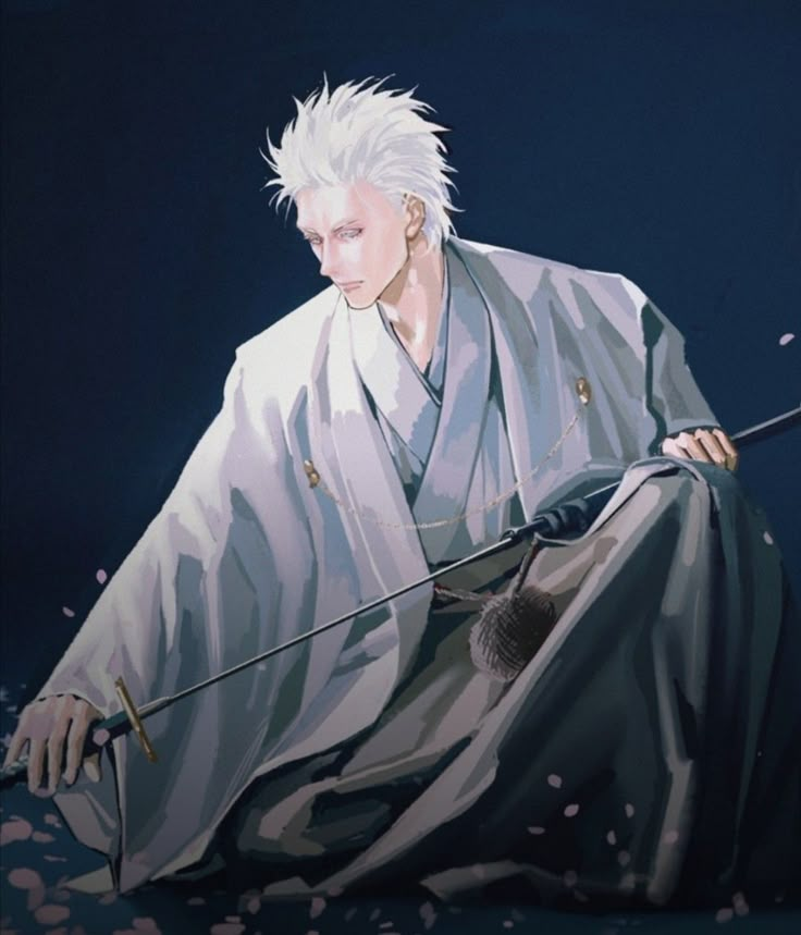 an anime character with white hair holding a bow and arrow in his hand while sitting on the ground