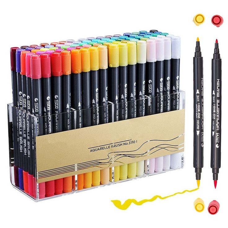 a display case with markers and pens in different colors, including one for each color