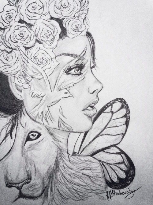 a pencil drawing of a woman with roses on her head and a lion behind her