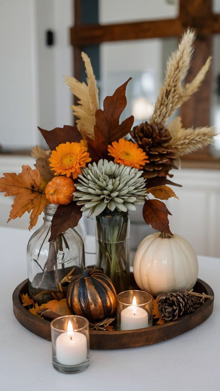 an arrangement of flowers and candles on a tray