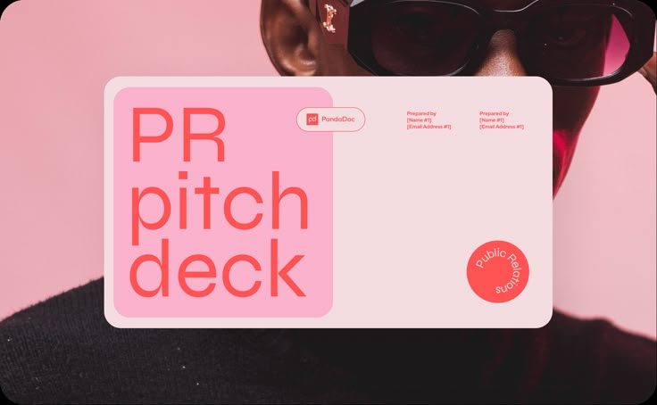 a man wearing sunglasses and holding up a sign with the words pr pitch deck on it