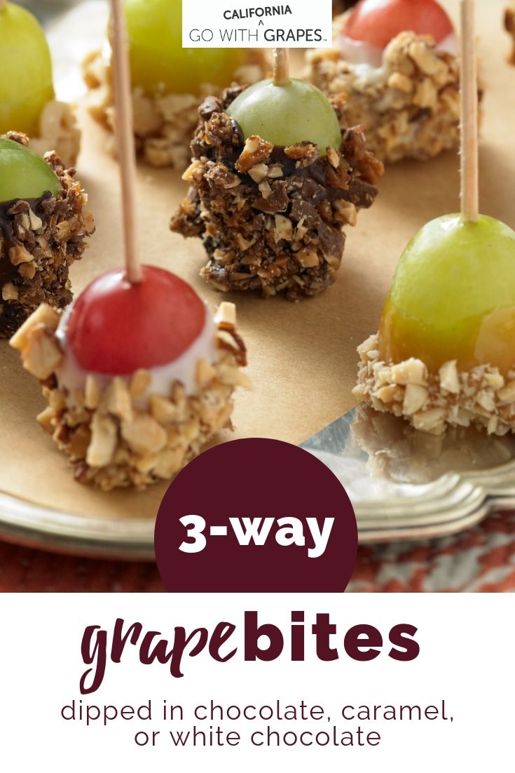 three - way grapes dipped in chocolate, caramel and cherries or white chocolate