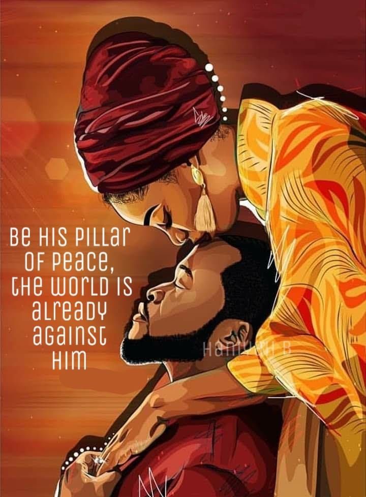 a painting of two people with the words be his pillar of peace, the world is already against him