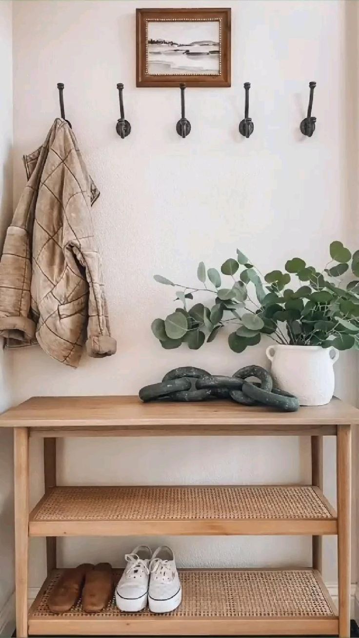 a coat rack with shoes and plants on it