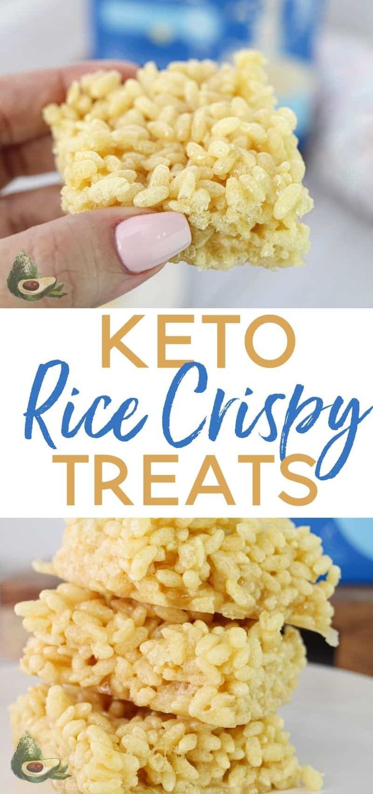 rice krispy treats stacked on top of each other with the words, keto rice crispy treats