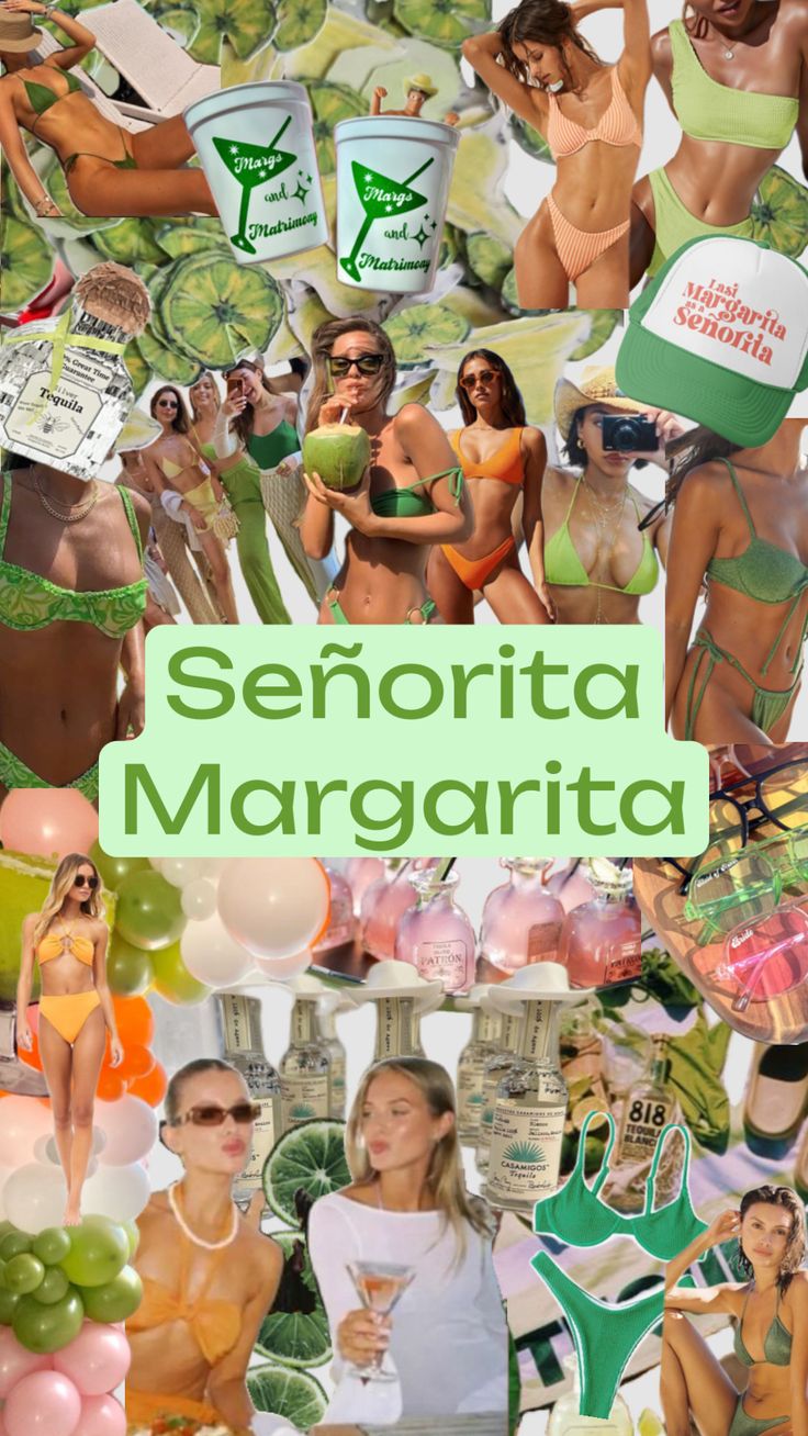 a collage of people in bikinis and hats with the words seportita margarita written on them