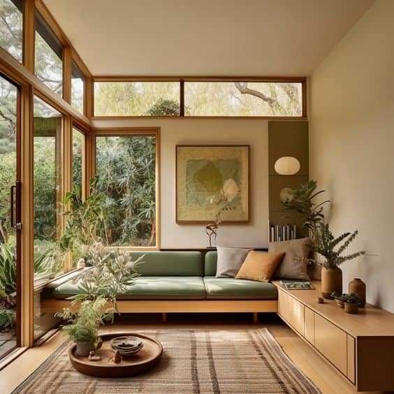 a living room filled with lots of furniture and plants on top of a wooden floor