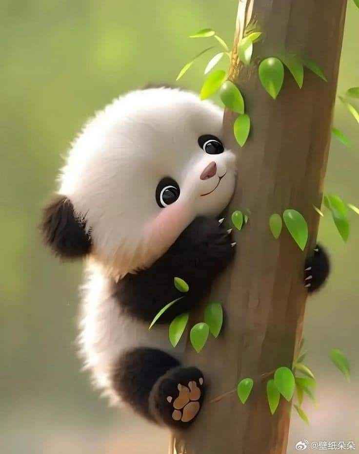 a panda bear climbing up the side of a bamboo tree with green leaves on it