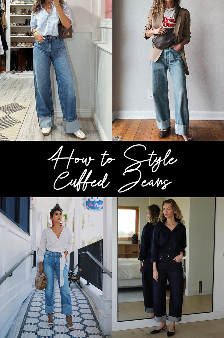 How to Style the Cuffed Jeans Trend Deep Cuff Jeans, Jeans With Cuffed Bottoms, Cuffed Pants Outfit Woman, Stovepipe Cuffed Jeans Outfit, High Cuffed Jeans Outfit, How To Cuff Flare Jeans, Cuff Wide Leg Jeans, How To Wear Cuffed Jeans, Cuffing Wide Leg Jeans