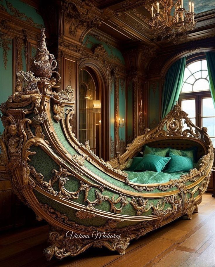 an ornate bed with green pillows in a room that looks like it has been painted gold