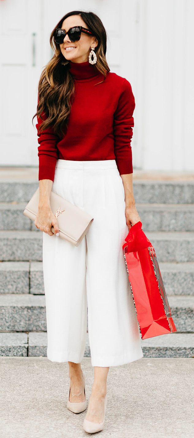 Outfit Vestido Rojo, White Christmas Outfit, Christmas Outfits Dressy, Red And White Outfits, Christmas Outfit Casual, Outfit Elegantes, White Pants Outfit, Cute Christmas Outfits, Christmas Day Outfit