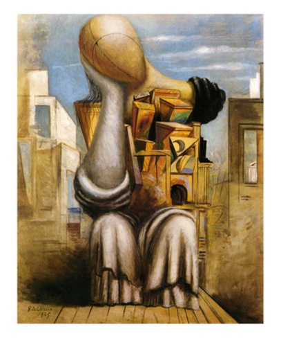 a painting of a person sitting in front of a pile of boxes and other items