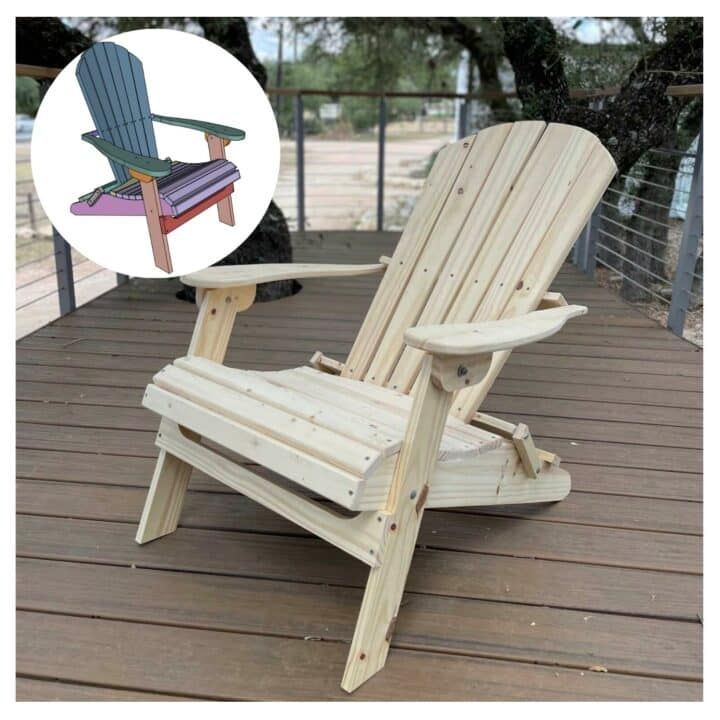 a wooden lawn chair sitting on top of a wooden deck