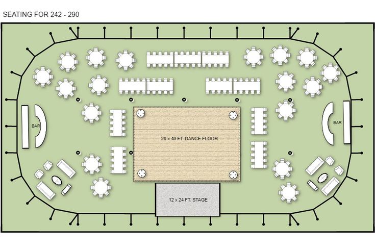 the floor plan for an event venue with tables and chairs, seating areas, and benches