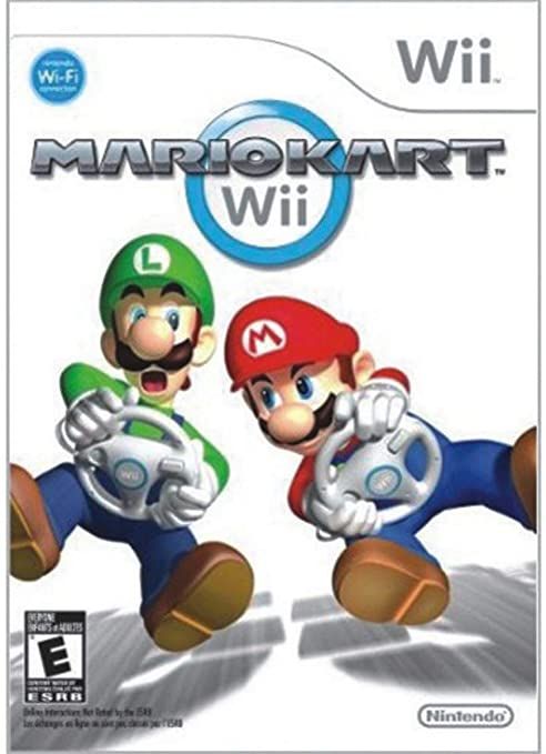 mario kart wii game cover with two characters on the same video game console and steering wheel