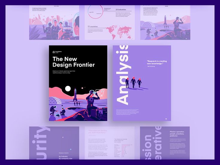 the new design frontier book is displayed on a purple background with several different layouts