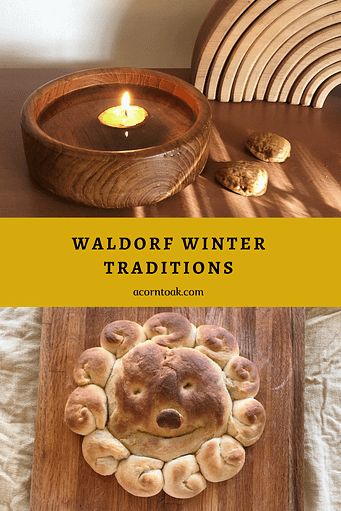 a wooden tray with some food on top of it and a candle in the middle