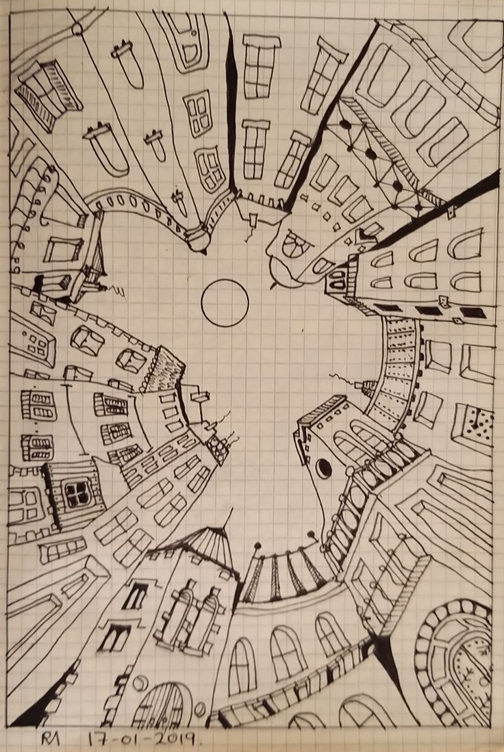 a drawing of a city with lots of buildings in the center and lines on it