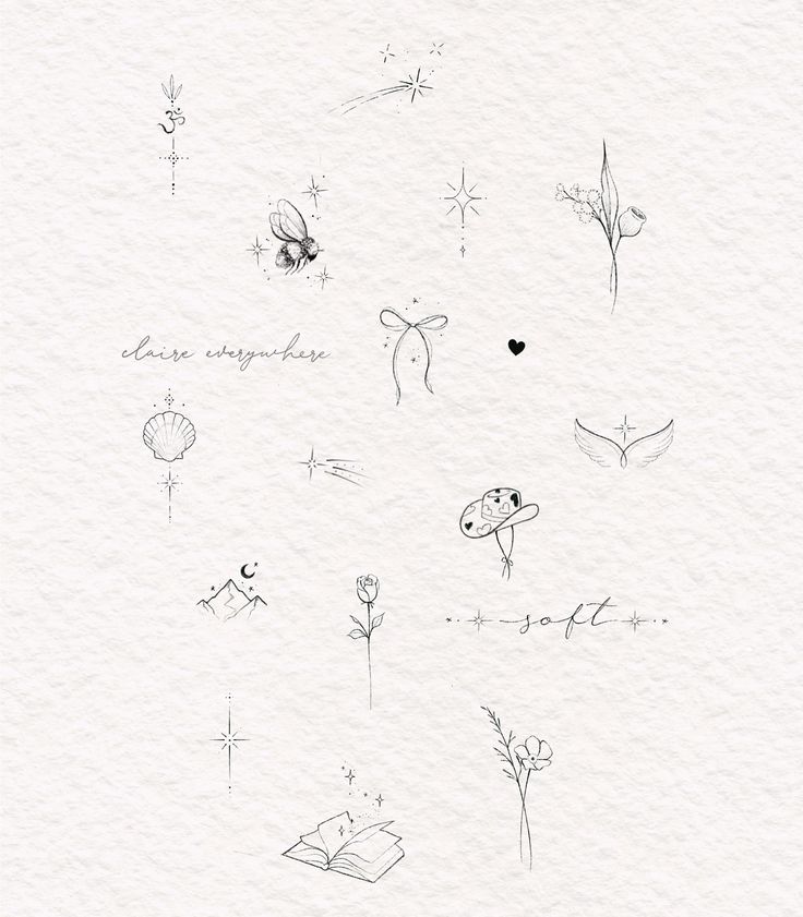 an ink drawing of flowers and other things on white paper with words written in black ink