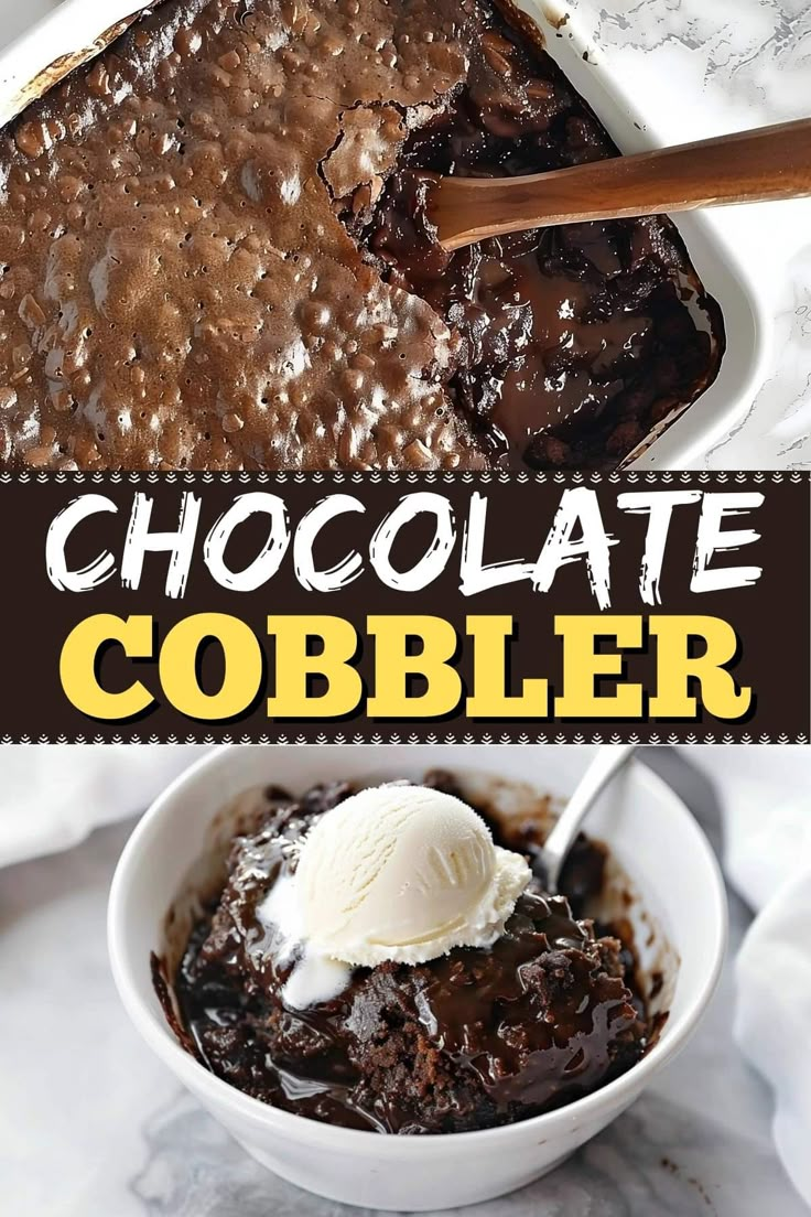 chocolate cobbler in a bowl with ice cream on top and the words, chocolate cobbler above it