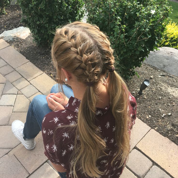 French braids. @dacialynnn French Braid Going Into Ponytail, Two Sides French Braid, 4th Of July Hairstyles Braids, Hair Styles With French Braid, Two French Braids Hairstyle, French Braid From Front View, French Brades Hairstyles, French Braids To Ponytail, French Braids On Yourself