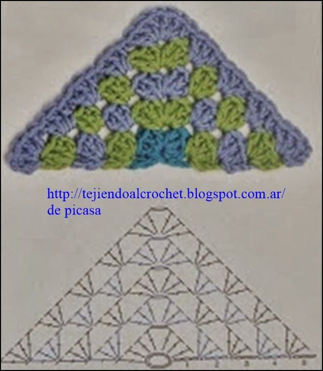 two crocheted triangulars are shown with the same pattern on each side and one has