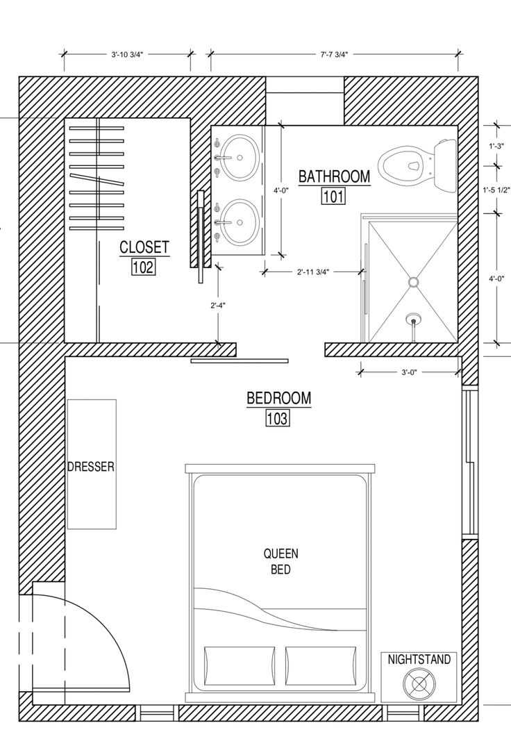 the floor plan for a bedroom and bathroom in one room, with an attached shower