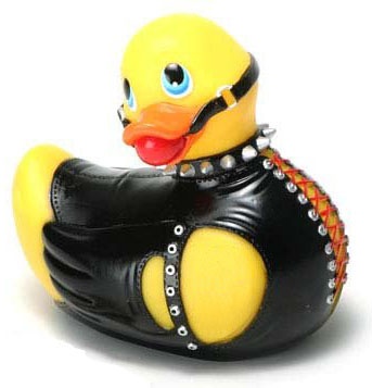 a rubber duck wearing a black leather jacket with chains on it's neck and holding a pair of handcuffs