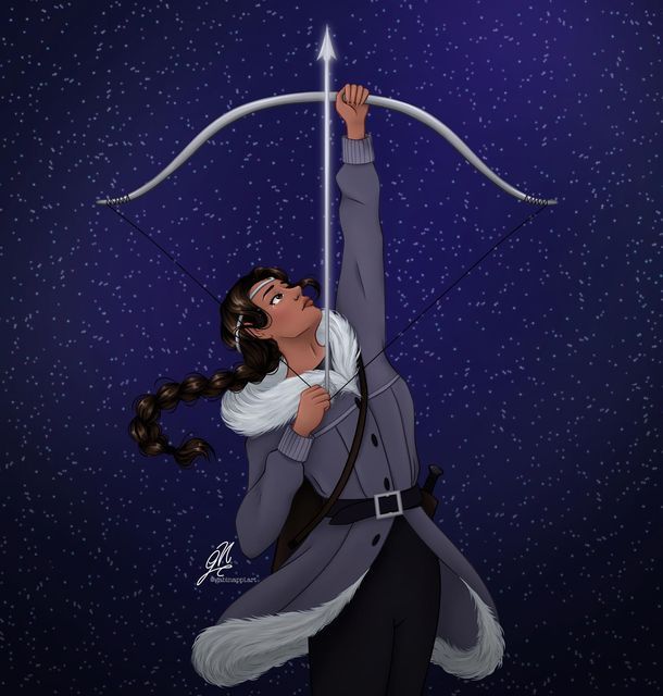 a drawing of a woman holding a bow and arrow in the air with stars behind her