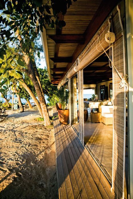 a wooden deck with a potted plant on it next to the ocean and trees