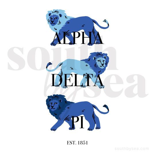 three lions with the words delta delta on them, and an image of two lions in blue