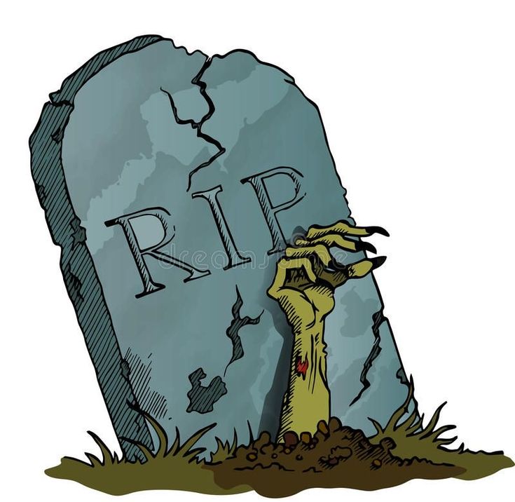 a cartoon zombie hand coming out from behind a grave with the word rip on it