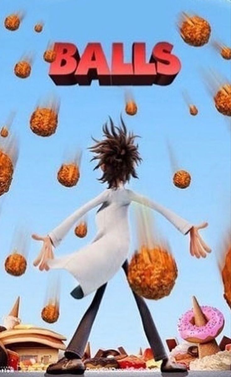 the movie poster for balls starring an animated character with lots of doughnuts flying around