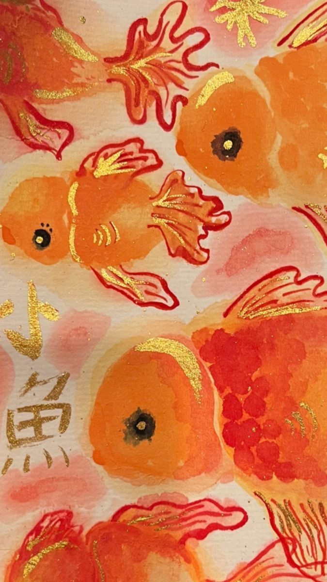 an orange and red painting with gold fish on it