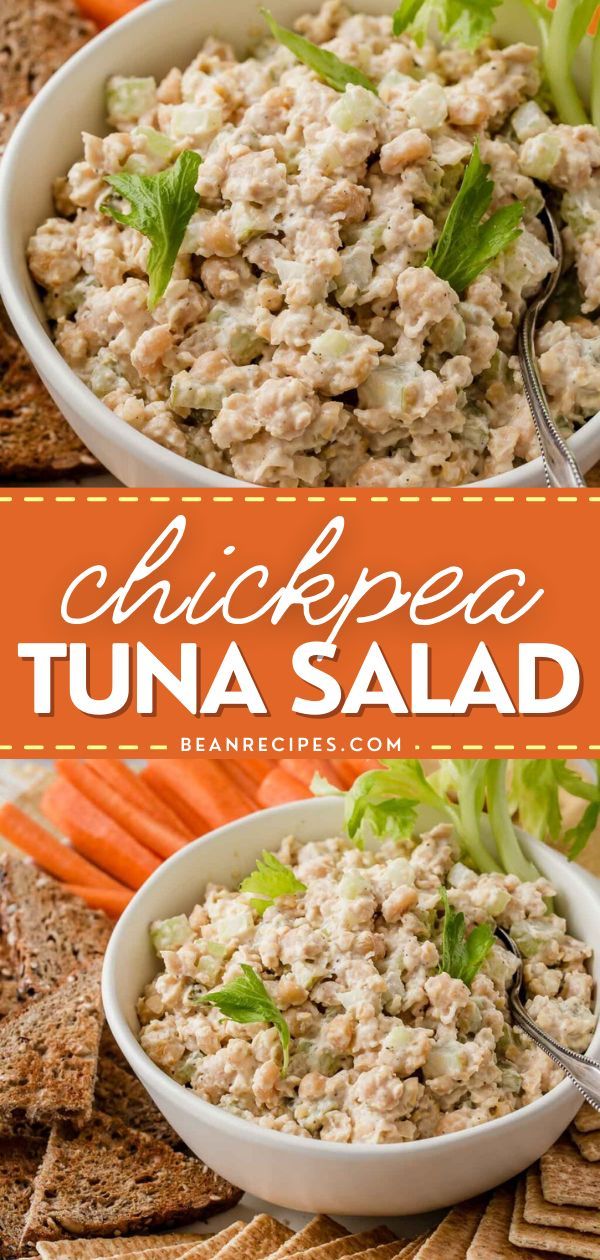 A simple healthy vegan lunch idea, side dish recipe, filling for sandwiches, or for dipping with crackers and vegetables! This is the best chickpea tuna salad recipe with absolutely no tuna! It is entirely made from chickpeas in the style of tuna salad. Save this simple bean recipe! Tuna With Chickpeas, Chickpea Tuna Salad Recipes, Chickpeas And Tuna, Chick Pea "tuna" Salad, Chickpea Tuna Recipes, Vegan Chickpea Tuna Salad, Chick Pea Salad Sandwich Recipes, Tuna And Garbanzo Bean Salad, Garbanzo Tuna Salad