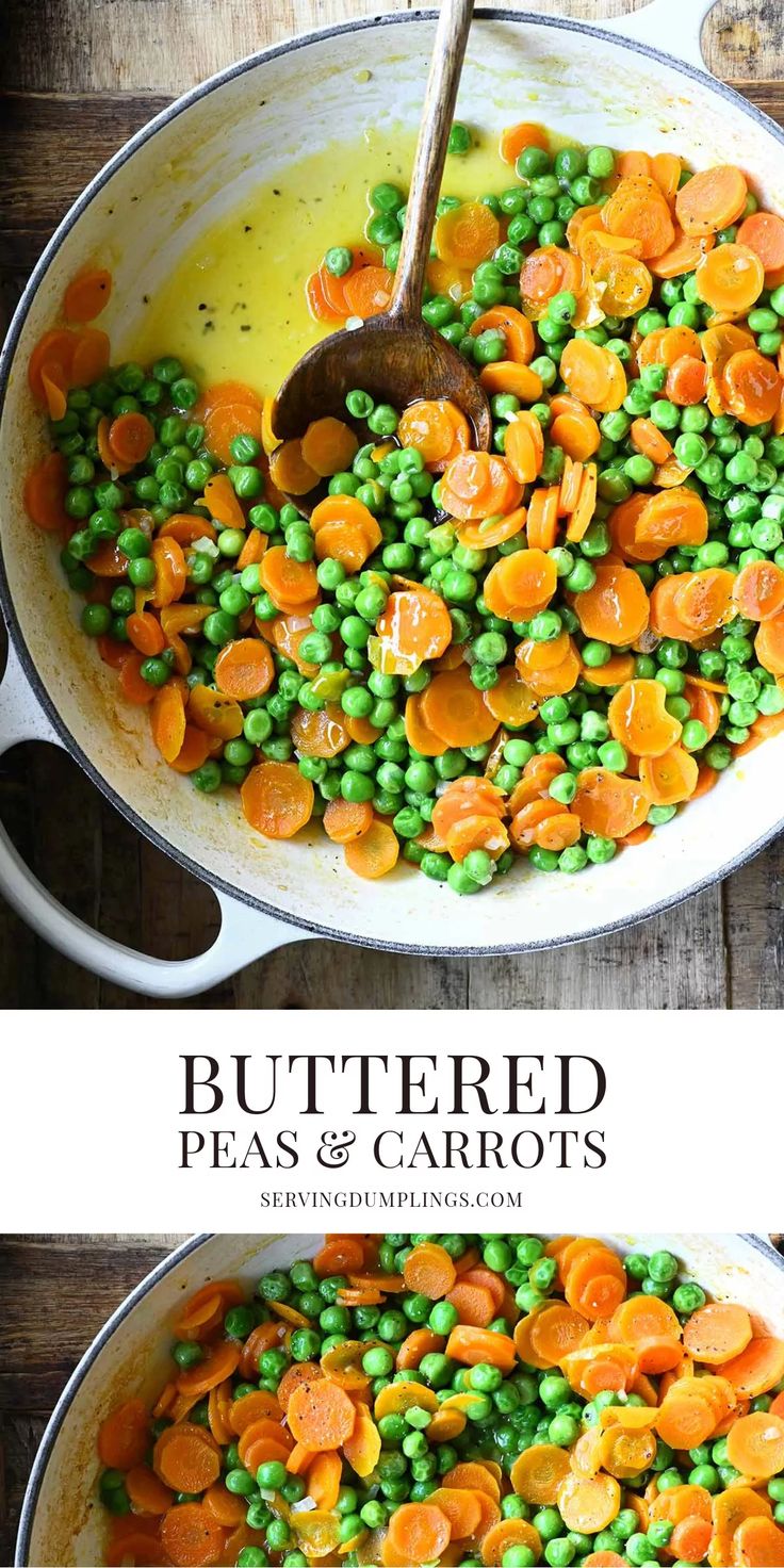 two pictures of peas and carrots in a pan