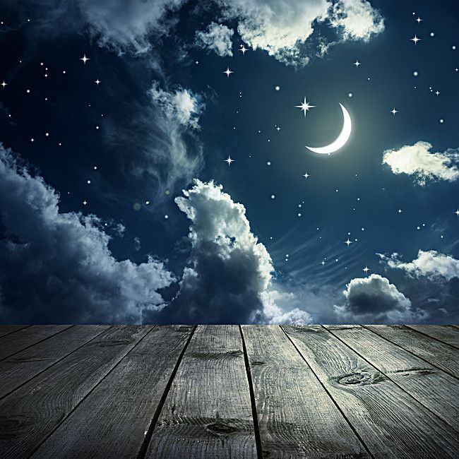 an empty wooden floor with the moon in the sky and stars above it on a cloudy night