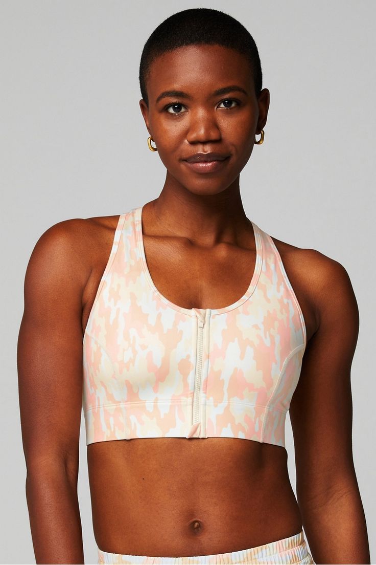 On-The-Go Zip Medium Impact Sports Bra Fabletics pink female regular Training 4-Way Stretch/External Pocket/Removable Bra Cups Female Activewear, Light Speed, Womens Outfits, Pink Pink, Bra Cups, Active Wear For Women, 2 Piece, Camo, Capri