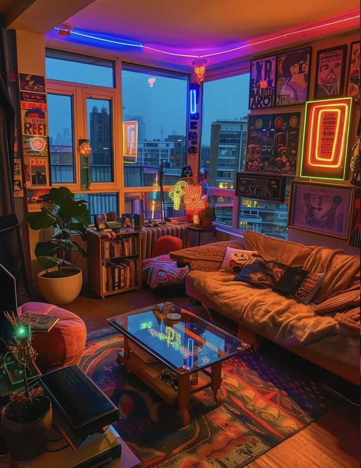 a living room filled with lots of furniture and windows covered in neon lights at night