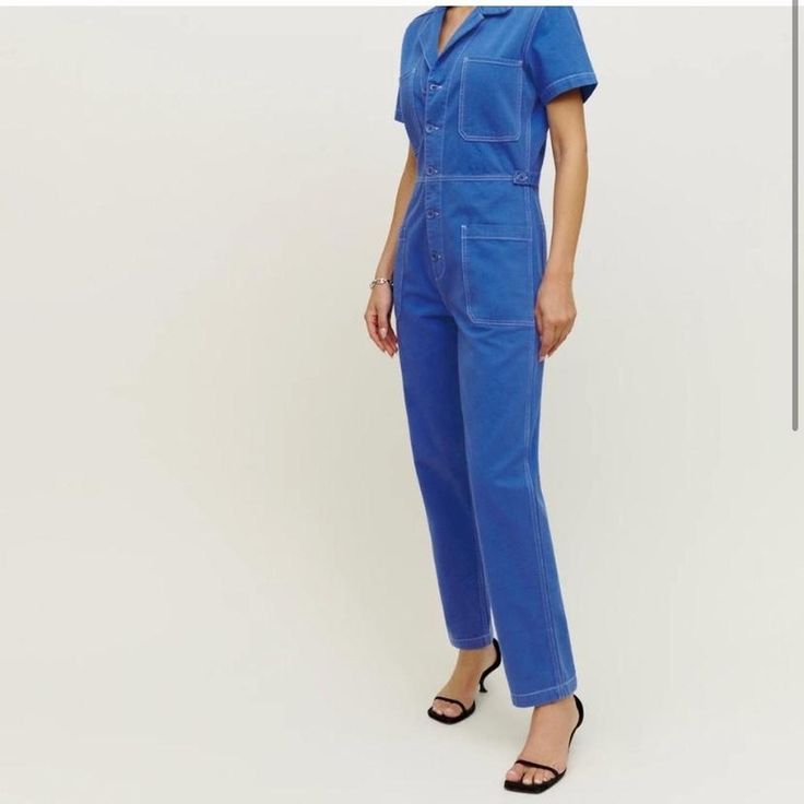 Bright Blue Jumpsuit From Reformation Jeans - Size 12 - Comfortable Fit! I Got This Same Jumpsuit In White So I Am Selling This Beautiful Number. Blue Short Sleeve Denim Jumpsuit For Work, Blue Denim Jumpsuit For Work In Spring, Blue Denim Jumpsuit For Spring Workwear, Blue Denim Workwear Jumpsuit With Short Sleeves, Blue Overalls For Spring Workwear, Blue Short Sleeve Jumpsuits For Work, Blue Denim Jumpsuit For Work, Blue Overall Jumpsuit For Work, Blue Fitted Jumpsuits And Rompers For Work