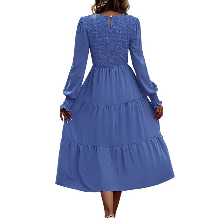 Blue Crew Neck Smocked Swing Midi Dress Blue Long Sleeve Smocked Dress With Ruffles, Blue Long Sleeve Smocked Dress With Smocked Bodice, Blue Smocked Dress With Long Sleeves, Blue Smocked Midi Dress, Blue Long Sleeve Midi Dress With Smocked Back, Blue Crew, Midi Dresses, Women Dresses, Smocking