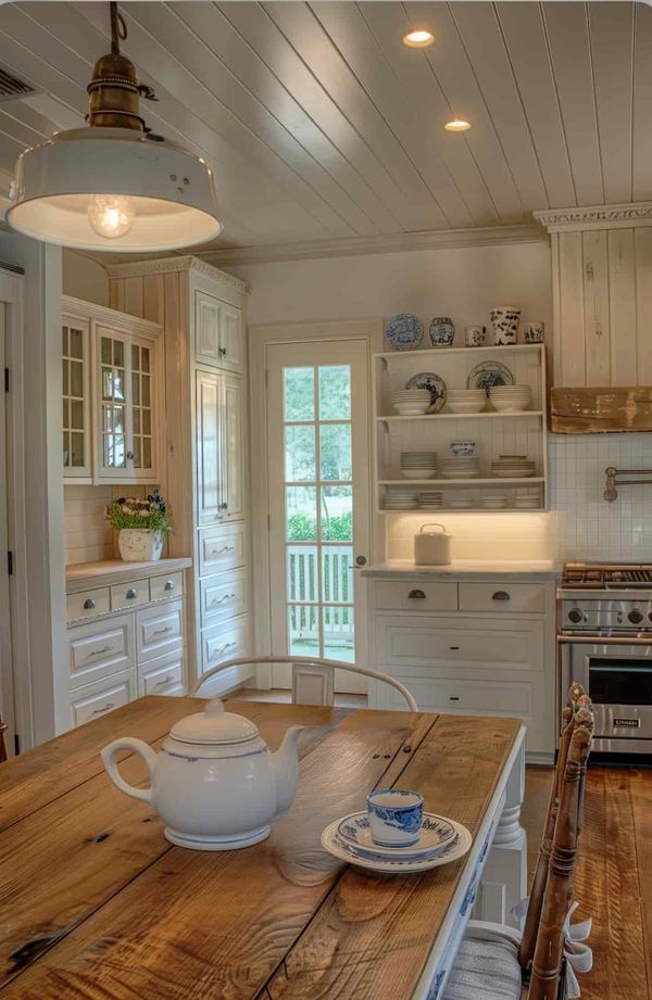 a kitchen with wooden floors and white cabinets