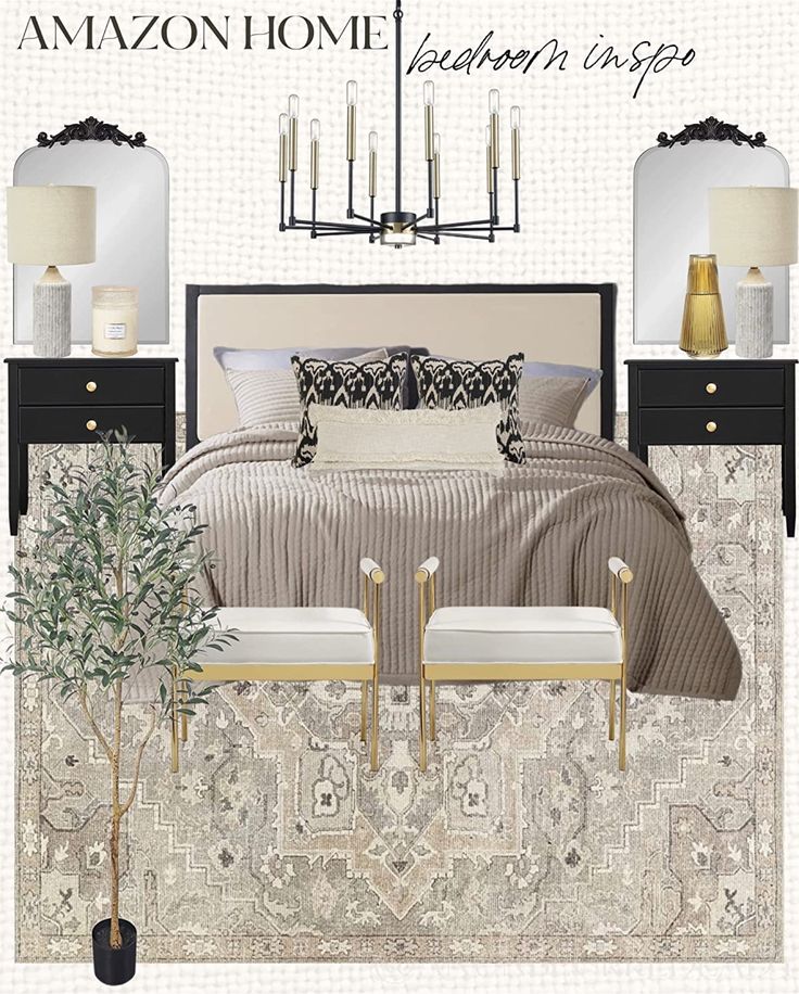 an image of a bedroom setting with furniture and decor on it's own side