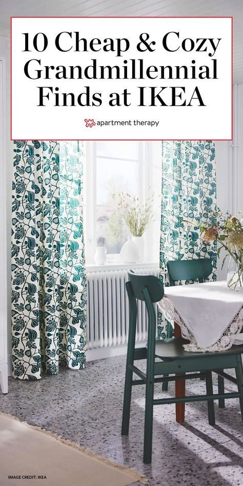 an image of a dining room with green and white curtains