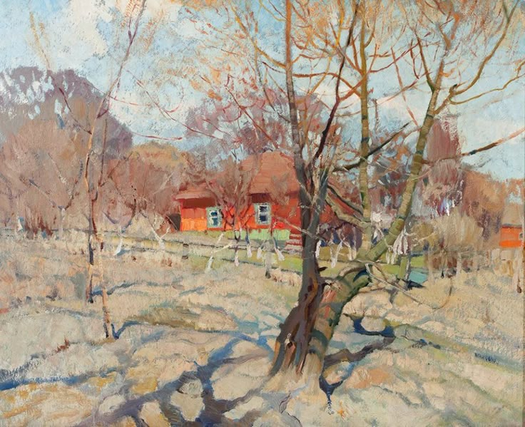 a painting of a tree in the middle of a field with houses and trees behind it