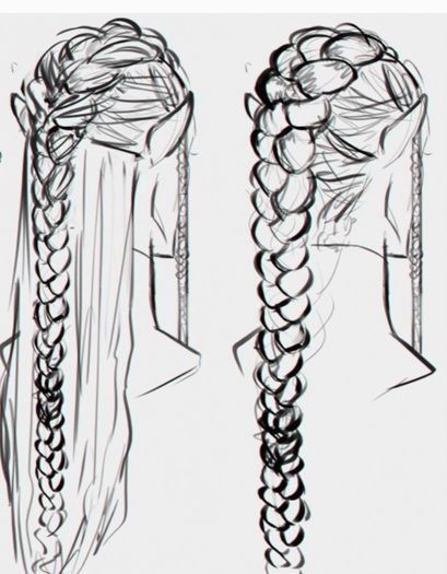 three drawings of long hair with braids on top and bottom, one in the middle